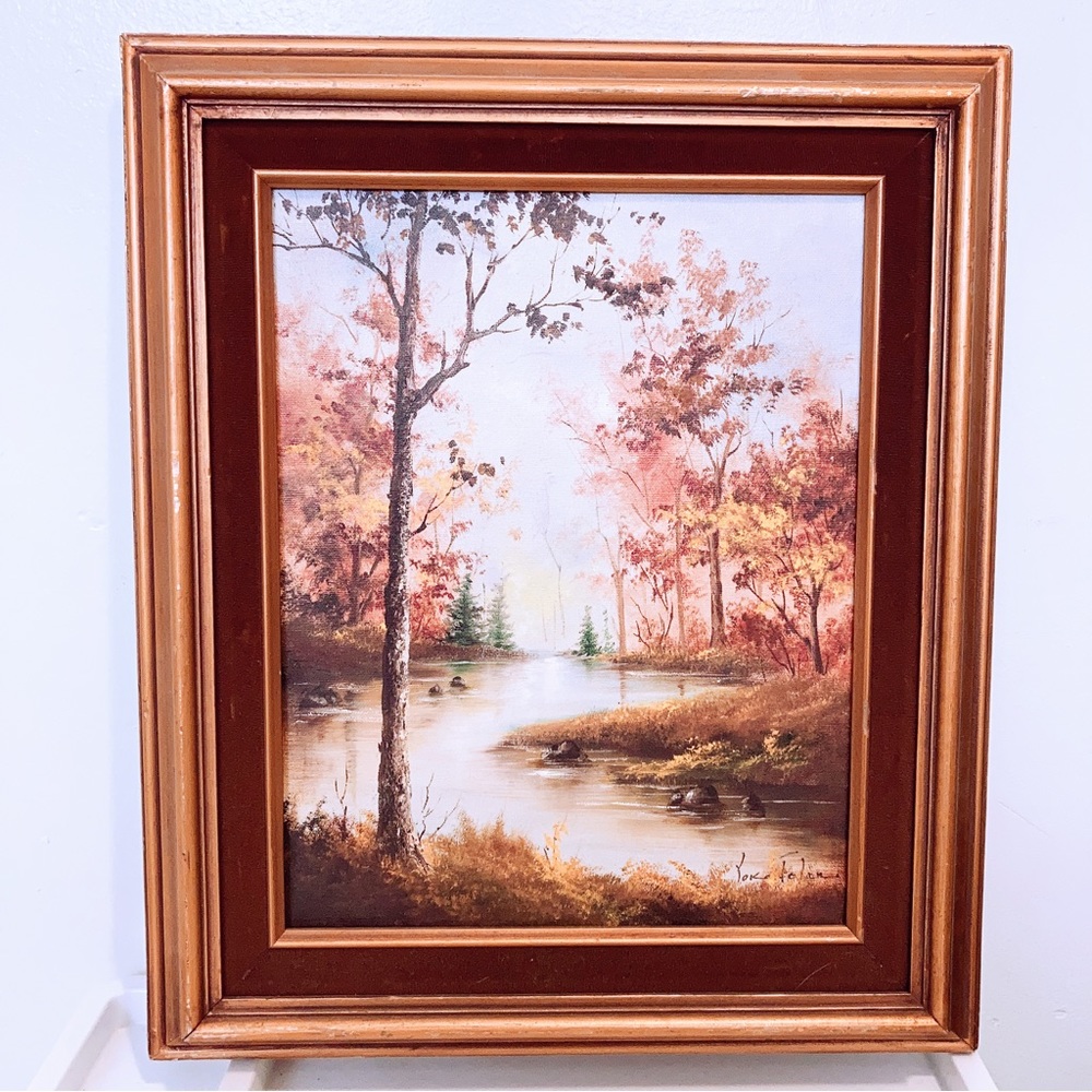 Beautiful Original Oil Painting Rural Trees River Scene signed by Yoko Folan